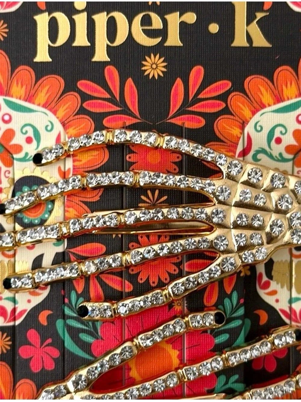 Piper K Gold Rhinestone Skeleton Hand Hair Clips - Gold
